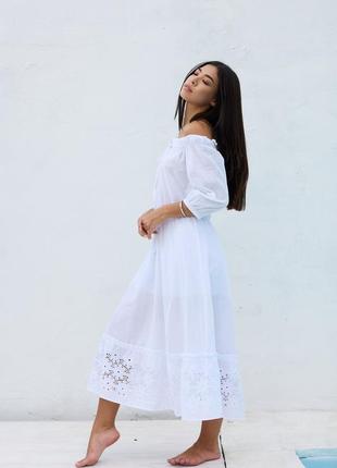 🌅хлопковое платье миди белое приталенное с вышивкой3 фото