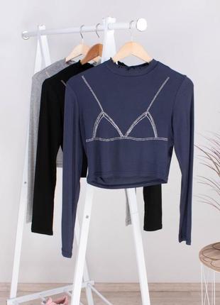 Стильный синий топ водолазка гольф однотонный с рисунком стразами