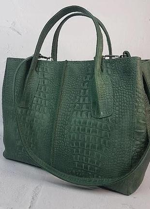 Сумка женская средняя натуральная кожа, зеленая crazy horse под крокодила 1716