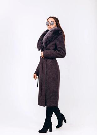 Зимнее длинное женское шерстяное пальто с мехом 327 графит4 фото