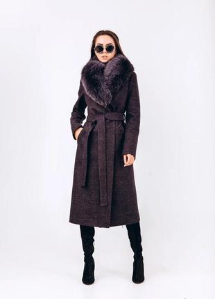 Зимнее длинное женское шерстяное пальто с мехом 327 графит3 фото