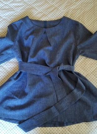 Блуза з поясом синя, лляна, легка 48-50 розмір