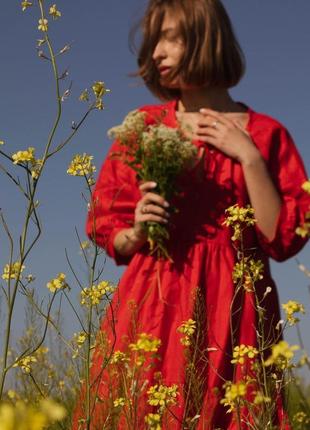 Червона сукня максі в стилі бохо з натурального льону2 фото