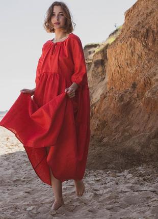 Красное платье макси в стиле бохо из натурального льна3 фото