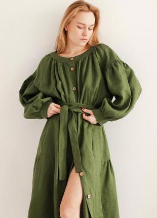 Зеленое платье бохо из натурального льна с поясом1 фото