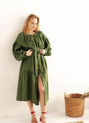 Зеленое платье бохо из натурального льна с поясом2 фото