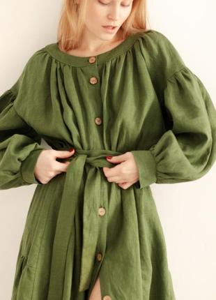 Зеленое платье бохо из натурального льна с поясом3 фото