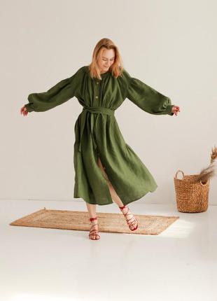 Зеленое платье бохо из натурального льна с поясом4 фото
