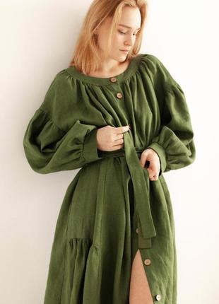 Зеленое платье бохо из натурального льна с поясом5 фото