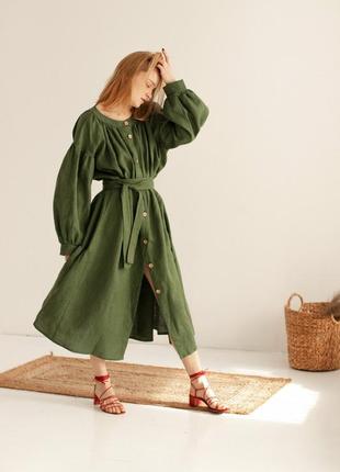 Зеленое платье бохо из натурального льна с поясом6 фото