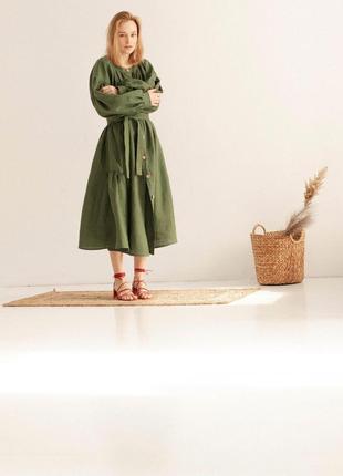Зеленое платье бохо из натурального льна с поясом8 фото