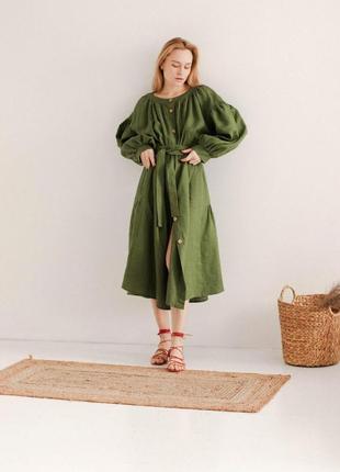 Зеленое платье бохо из натурального льна с поясом7 фото