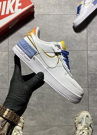 Женские кожаные кроссовки nike air force 1 shadow1🆕найк аир форс шадоу🆕белые с синим