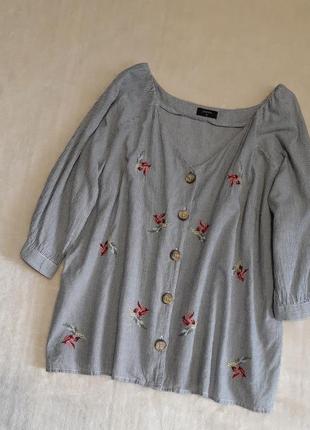 Вільна сорочка v-подібний виріз дрібна смужка вишивка квіти рукав 3/4 ботал р. 20 papaya