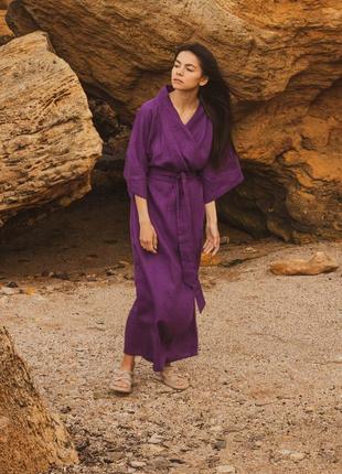 Фіолетова сукня в стилі кімоно з натурального льону3 фото