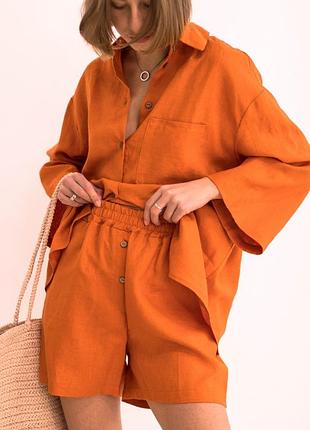 Оранжевый летний костюм рубашка оверсайз и шорты на резинке 100% лен