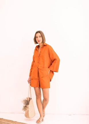 Оранжевый летний костюм рубашка оверсайз и шорты на резинке 100% лен