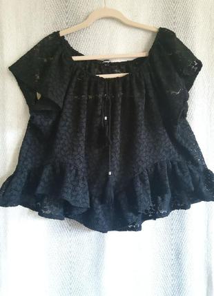 Женская черная летняя, вечерняя, ажурная блуза. кружевная блузка с рюшами. бомбер1 фото