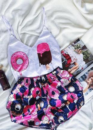 Женская атласная пижама пижамка мороженое топик и шорты секси майка сексуальная пижама распродажа2 фото