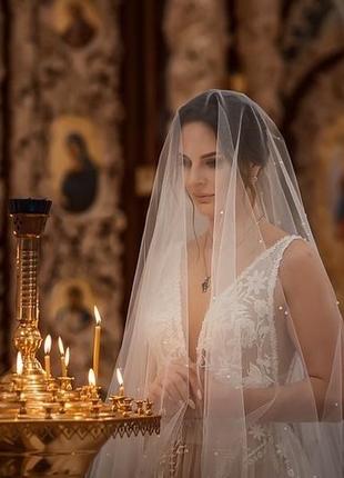 Весільна фата з перлинами два слоя.