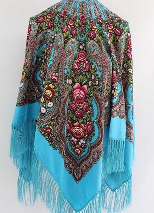 Платок с узором нарядный в народном стиле с бахромой бирюзовый