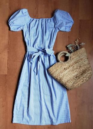 Хлопковое летнее платье в мелкую голубую полоску oodji