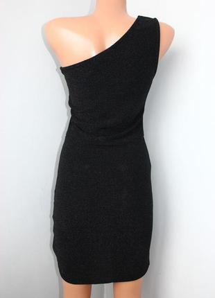 Платье мини в облипку черное с мелким блеском люрекса на одно плечо, м (3499)4 фото