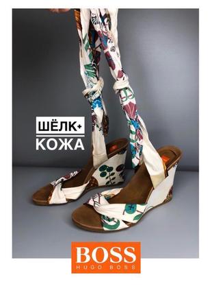 Hugo boss босоножки на танкетке подошве шёлковые на завязках белые дизайнерские стильные ш