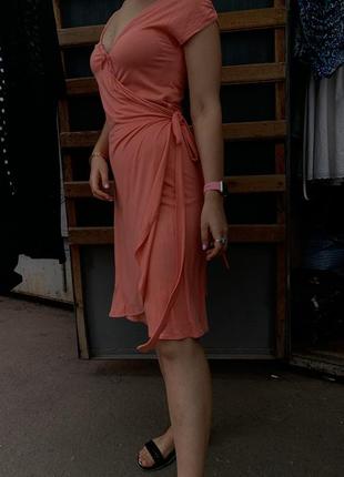 Хлопковое платье на запах персиковое платье мини короткое платье коралловое хлопковое платье миди8 фото