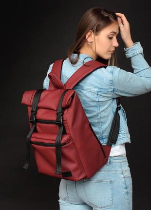 Мега стильный бордовый вместительный рюкзак ролл топ для женщи7 фото