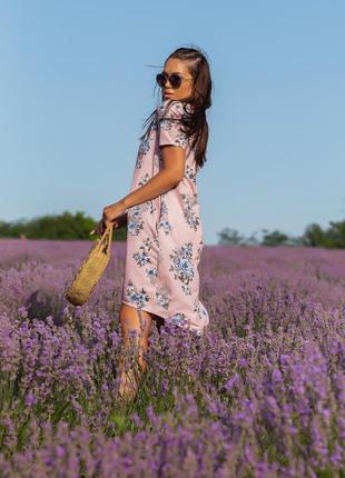 Арт: 12819_ розовое асимметричное платье с цветочным принтом