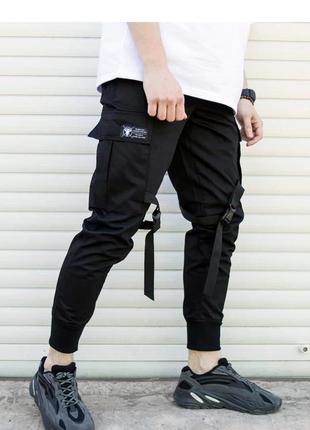 Спортивные штаны мужские зауженные карго с лямками черные / спортивні штани чоловічі брюки чорні1 фото