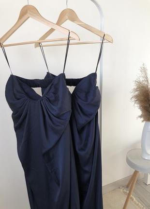 Платье макси парное для подруг бюстье атласное в пол темно синее платье выпускное вечернее navy blue1 фото