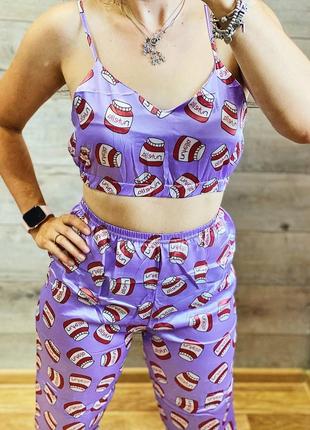 Піжама шовк нутелла фіолетова топ штани