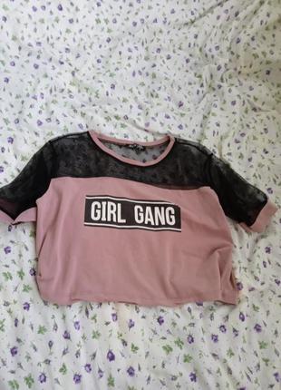 Топ топік new season футболка з написом girl gang сіточкою сіткою коротка укорочена турецька туреччина коттоновая бавовняна сорочка