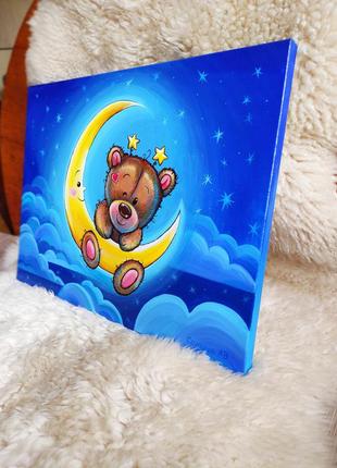 Картина в дитячу кімнату , картина на полотні подарунок дитині , дитяча картина для дитини для дітей ведмедик місяць зоряне небо4 фото