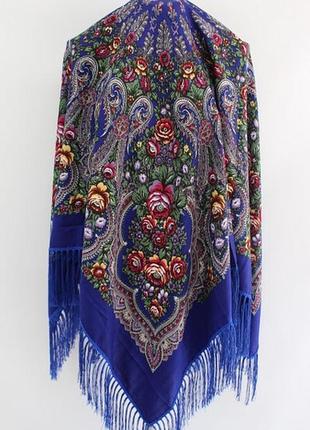 Синий платок украинский в народном стиле с бахромой