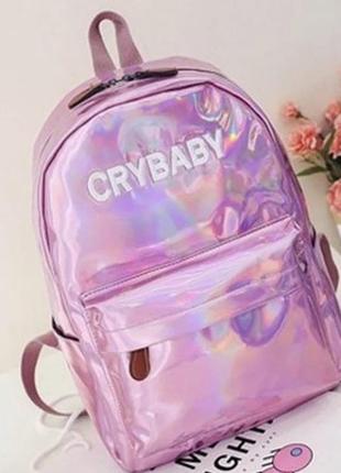 Голографический рюкзак crybaby розовый блестящий портфель сумка школьный неоновый2 фото