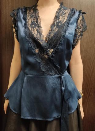 Шелковая блуза шелк темно синяя  кружевная на запах malene birger6 фото