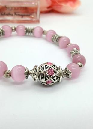 🐱🌸 ніжний жіночний браслет натуральний камінь рожевий котяче око4 фото
