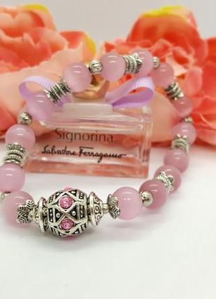 🐱🌸 ніжний жіночний браслет натуральний камінь рожевий котяче око3 фото
