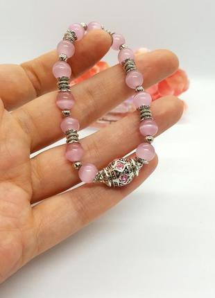 🐱🌸 женственный нежный браслет натуральный камень розовый кошачий глаз6 фото
