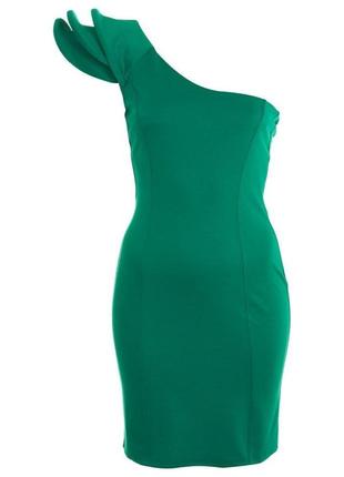Изумрудное мини платье на одно плечо с эффектным декором травяной зеленый зелена сукня 2023