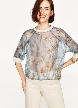 Красивая,нежная,прозрачная блузка,кофточка,свитшот с органзы,цветочный принт zara