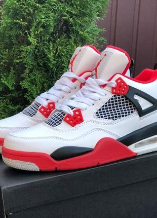 Мужские кожаные кроссовки nike air jordan 4 retro🆕найк аир джордан🆕белые с красным
