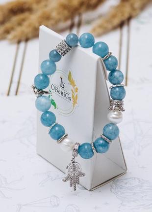 Женский авторский браслет «сияние»(аквамарин,жемчуг)