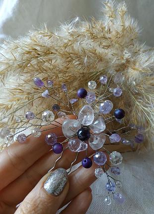 Шпилька с аметистом "ветка сирени"