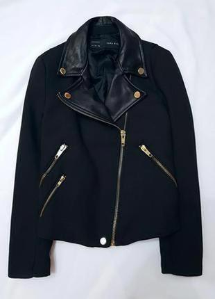 Zara basic кожаная косуха куртка натуральная кожа шерсть l чёрная1 фото