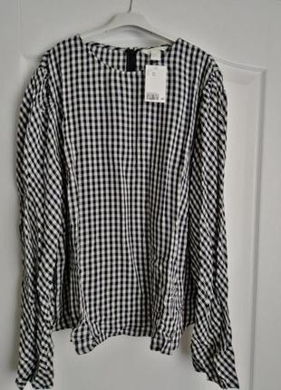 Блуза h&m в клітинку з віскози ua 56-58/puff-sleeved blouse xxl dark blue/gingham checked