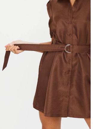 Шоколадное платье-рубашка с объемными рукавами3 фото